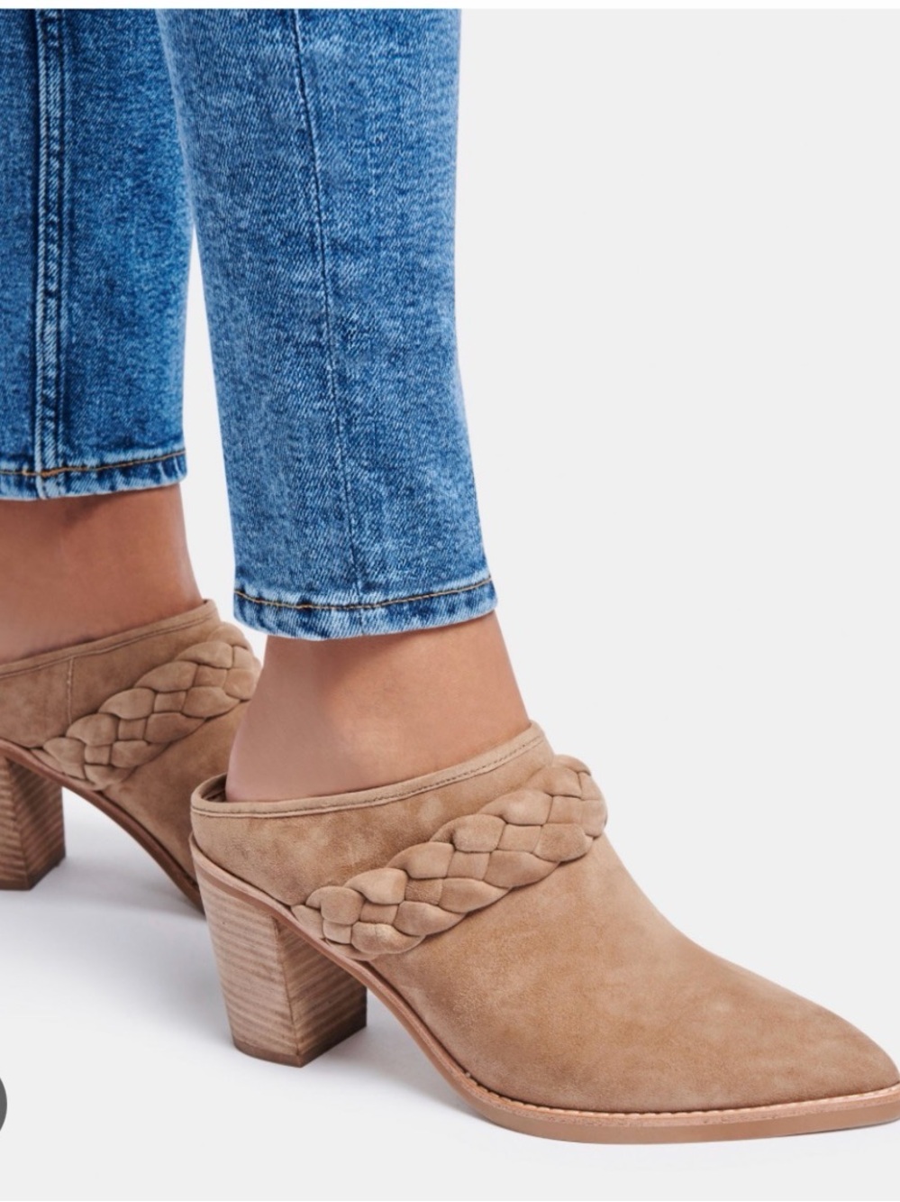 Braided Suede Mule Heels in Taupe